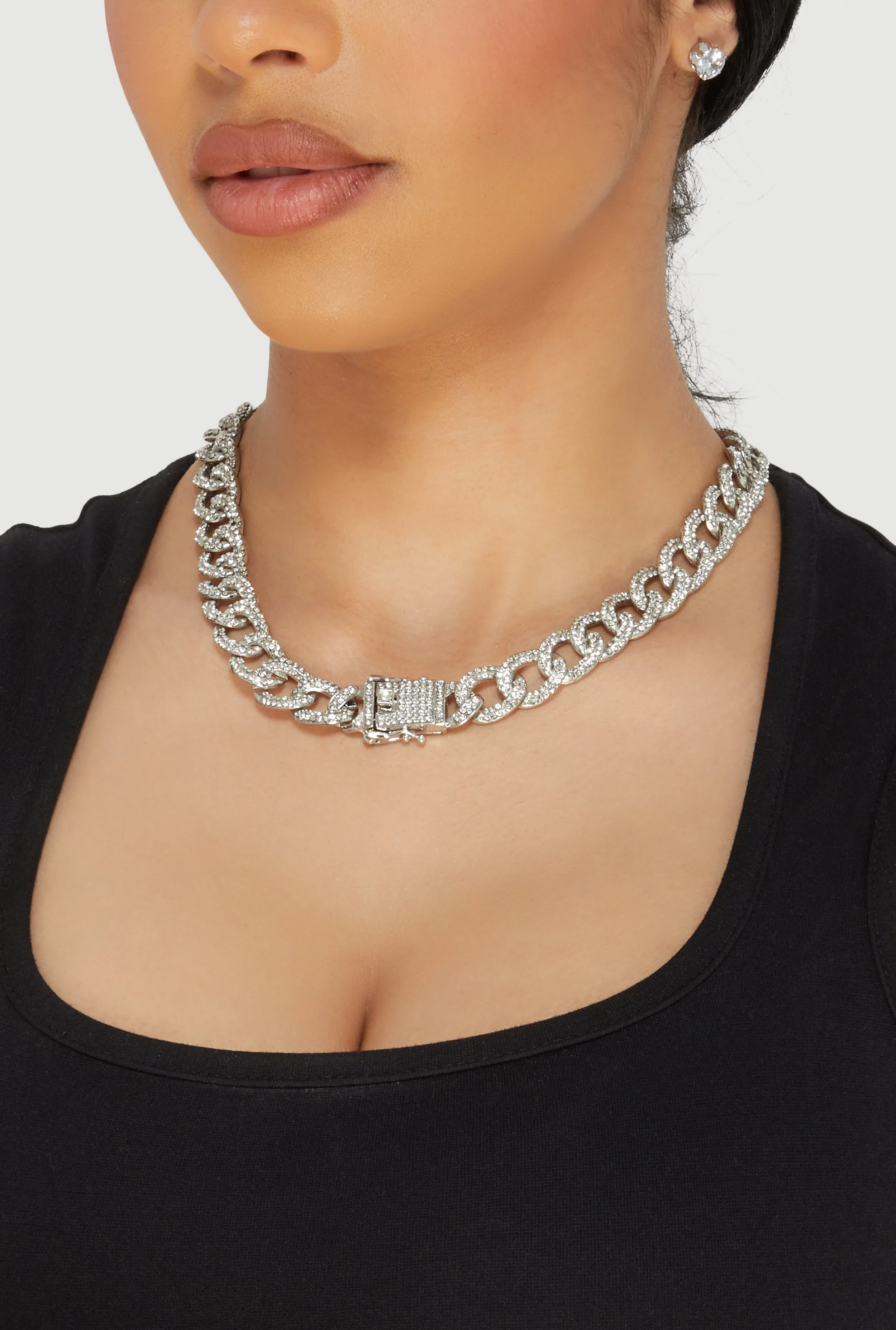 Box Clasp Chain Link Necklace and Stud Earrings