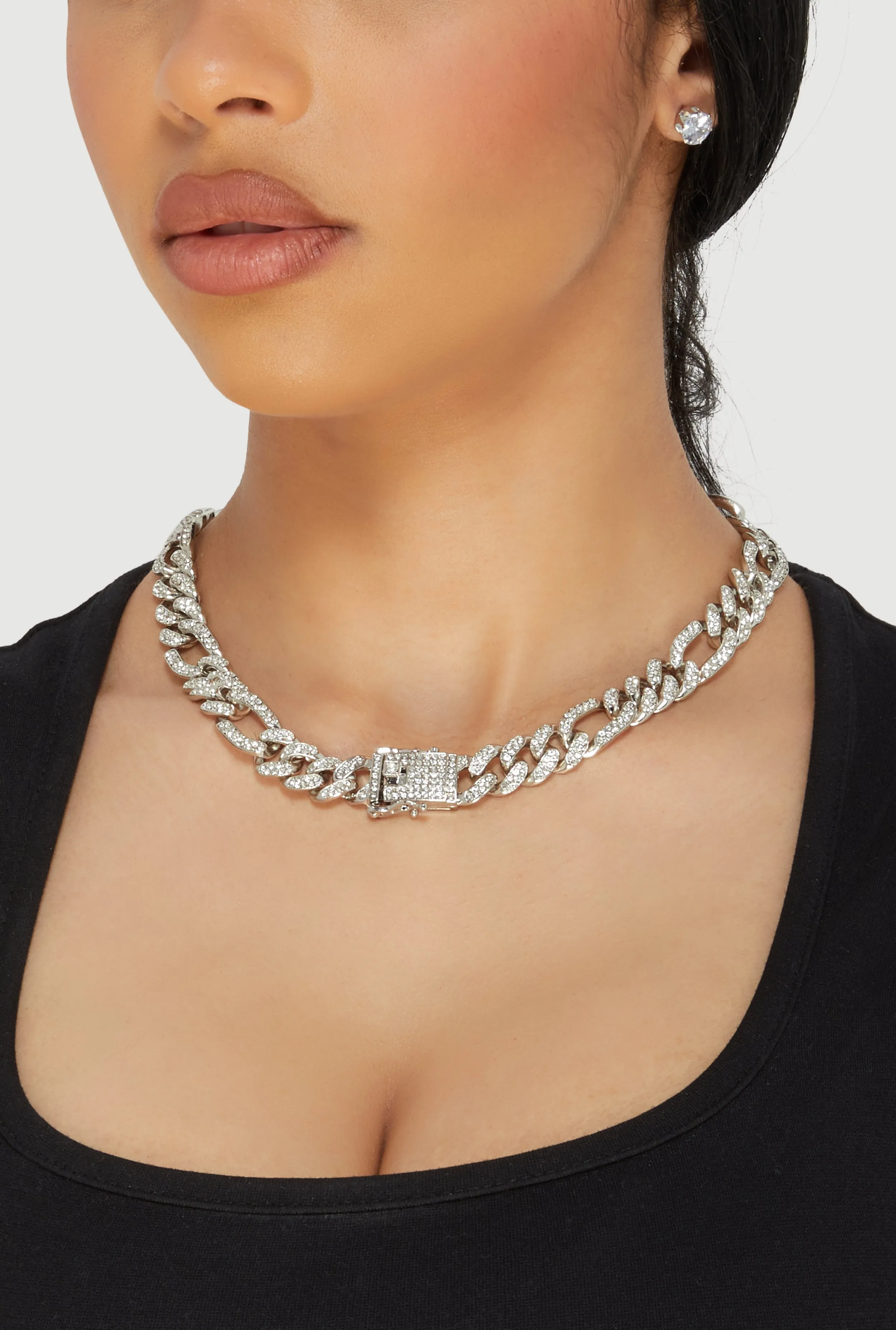 Box Clasp Chain Link Necklace with Stud Earrings