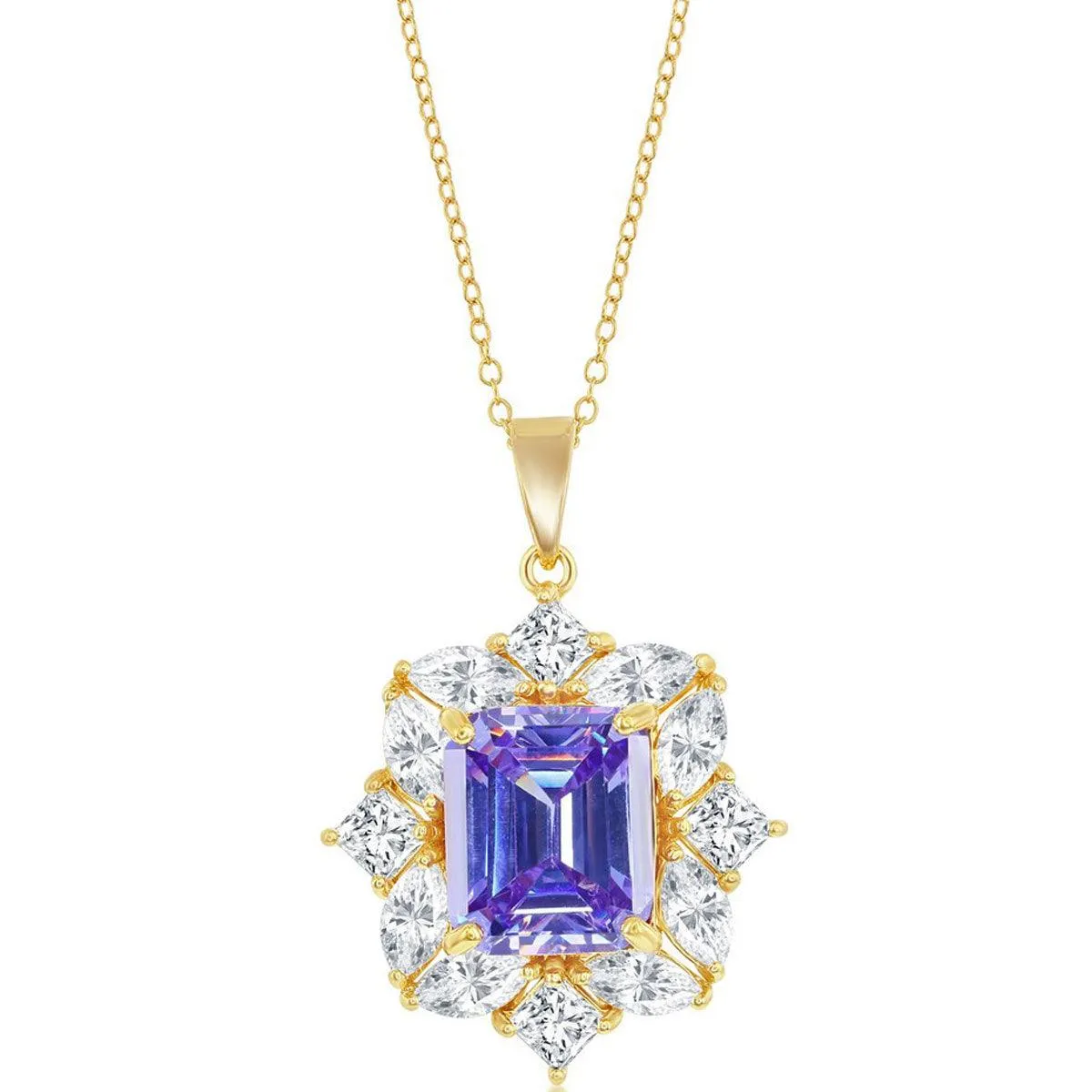 Classic Women's Necklace - GP Sterling Silver Lavender Asscher-Cut and CZ's | M-6939
