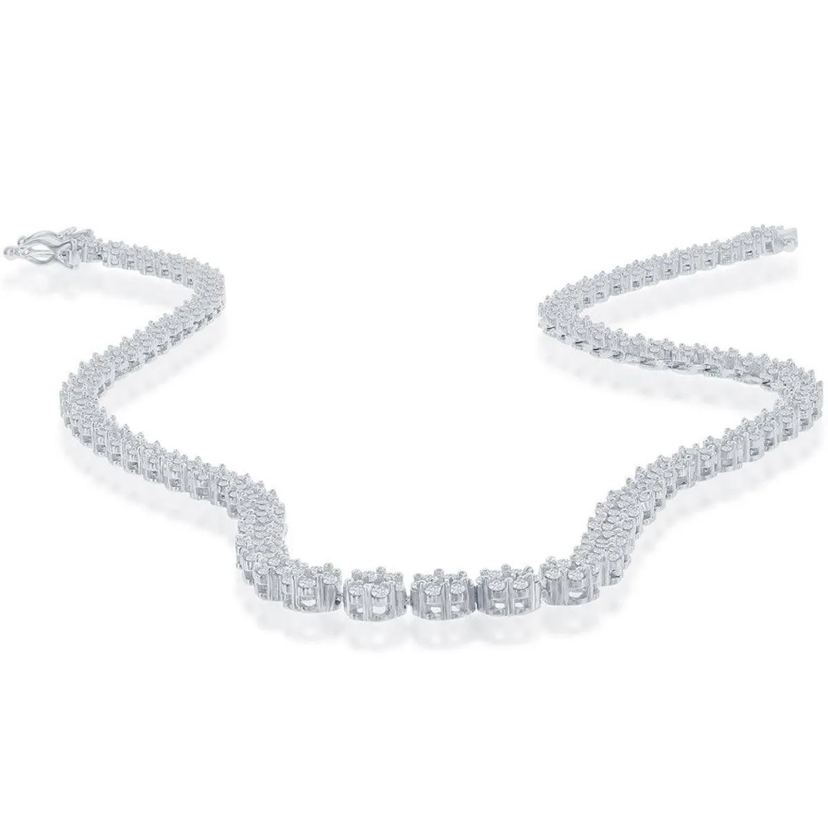 Classic Women's Necklace - Sterling Silver 4mm Graduating Flower CZ Tennis | M-6792