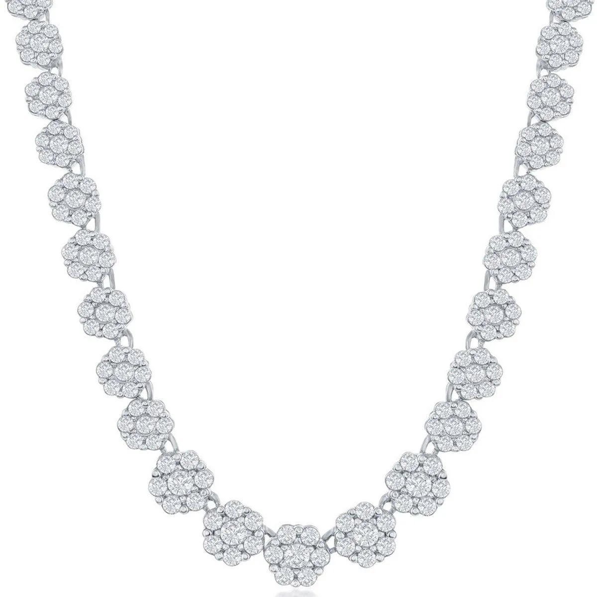 Classic Women's Necklace - Sterling Silver 4mm Graduating Flower CZ Tennis | M-6792