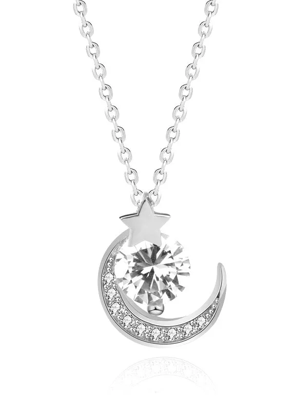 Diamond Star and Moon Pendant Necklace
