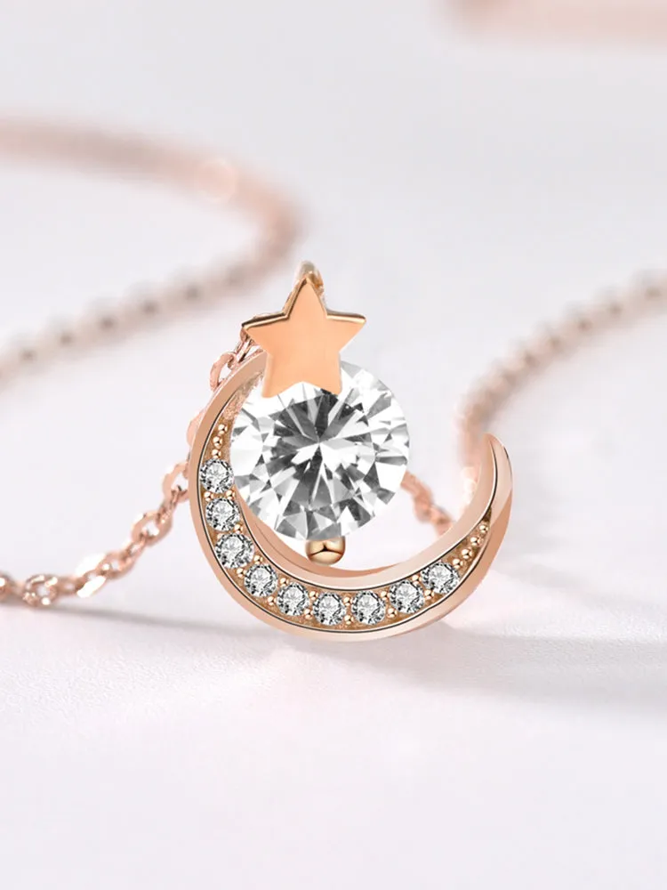 Diamond Star and Moon Pendant Necklace