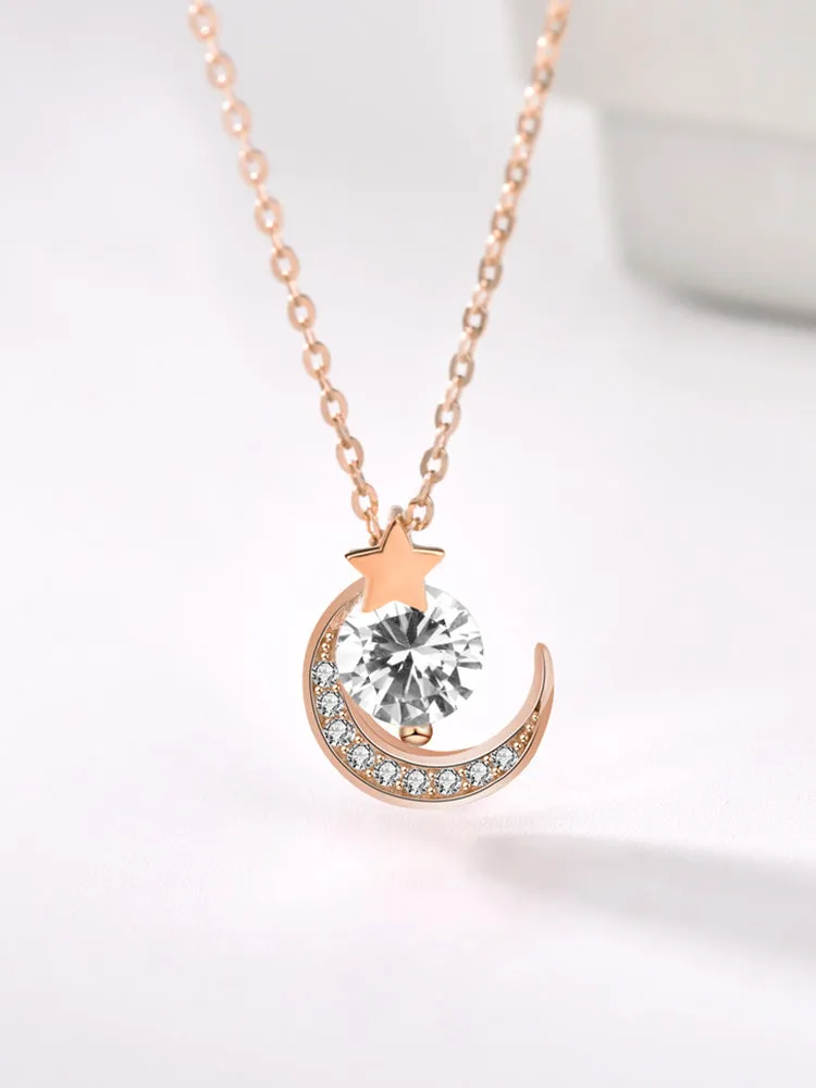 Diamond Star and Moon Pendant Necklace