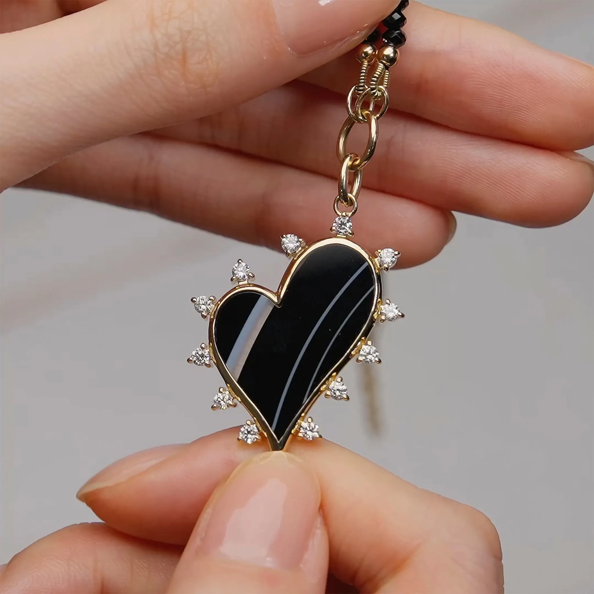 Large Black Agate Heart Pendant on Black Spinel Gemstone Necklace