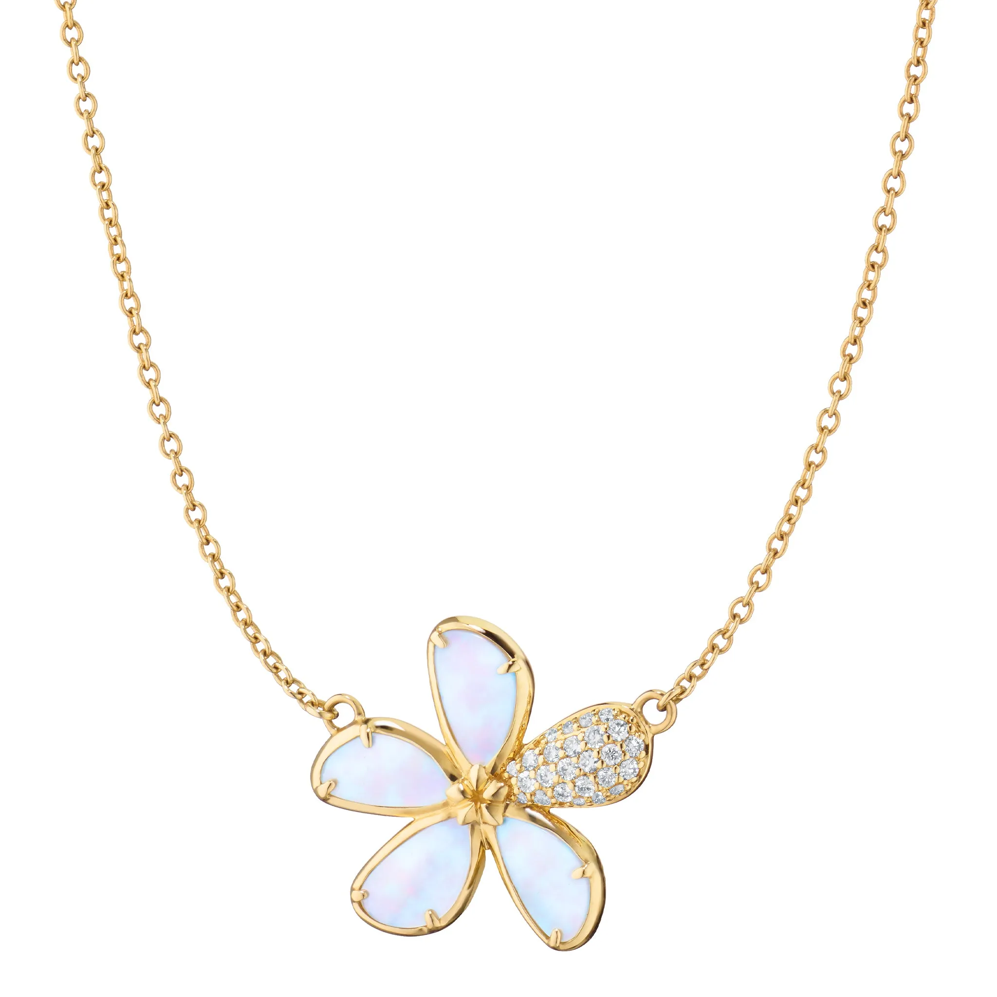 Mother of Pearl Flower Necklace with Pavé White Diamonds