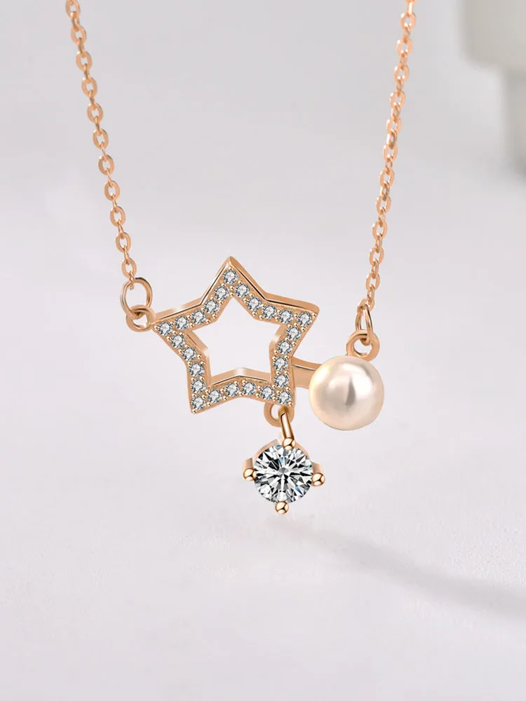 Pearl and Diamond Star Necklace
