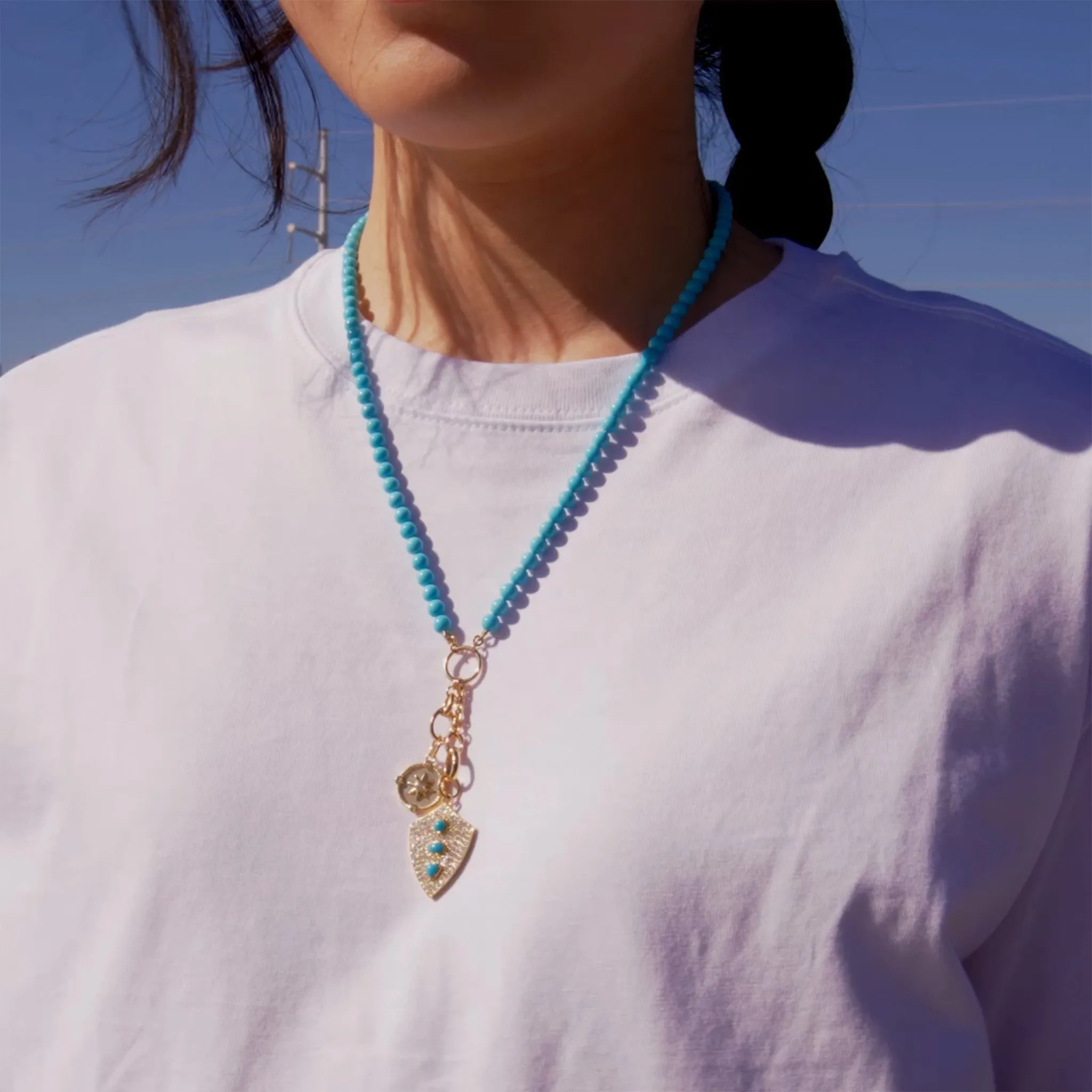 "Fearless" Turquoise and Pave Diamond Shield and "Adventure" Mini Compass Charm Necklace