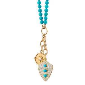 "Fearless" Turquoise and Pave Diamond Shield and "Adventure" Mini Compass Charm Necklace