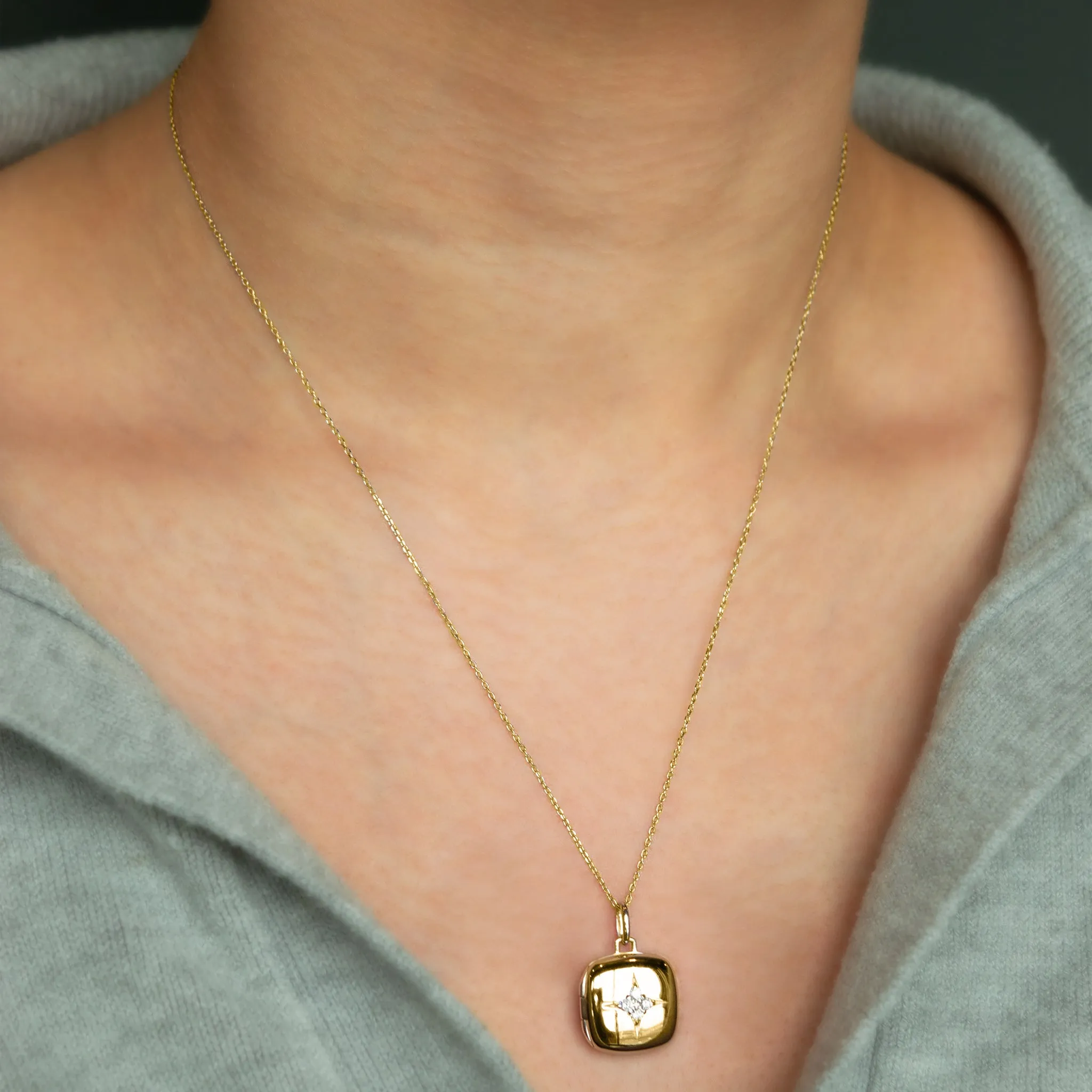 Reclaimed 18k Yellow Gold Locket Necklace with 4 Round Diamonds