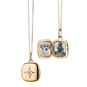 Reclaimed 18k Yellow Gold Locket Necklace with 4 Round Diamonds