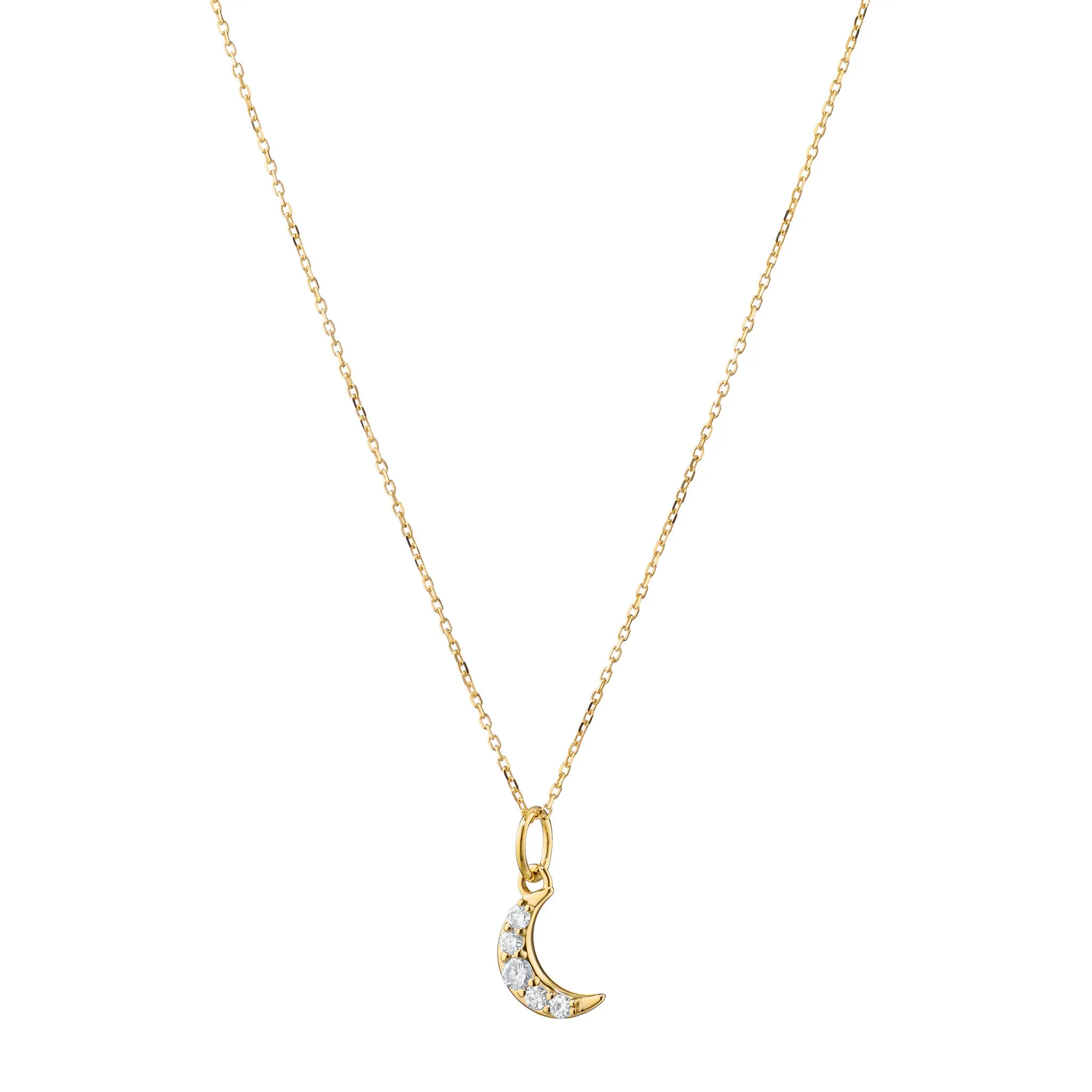 Reclaimed 18k Yellow Gold Moon Necklace with 5 Round Diamonds