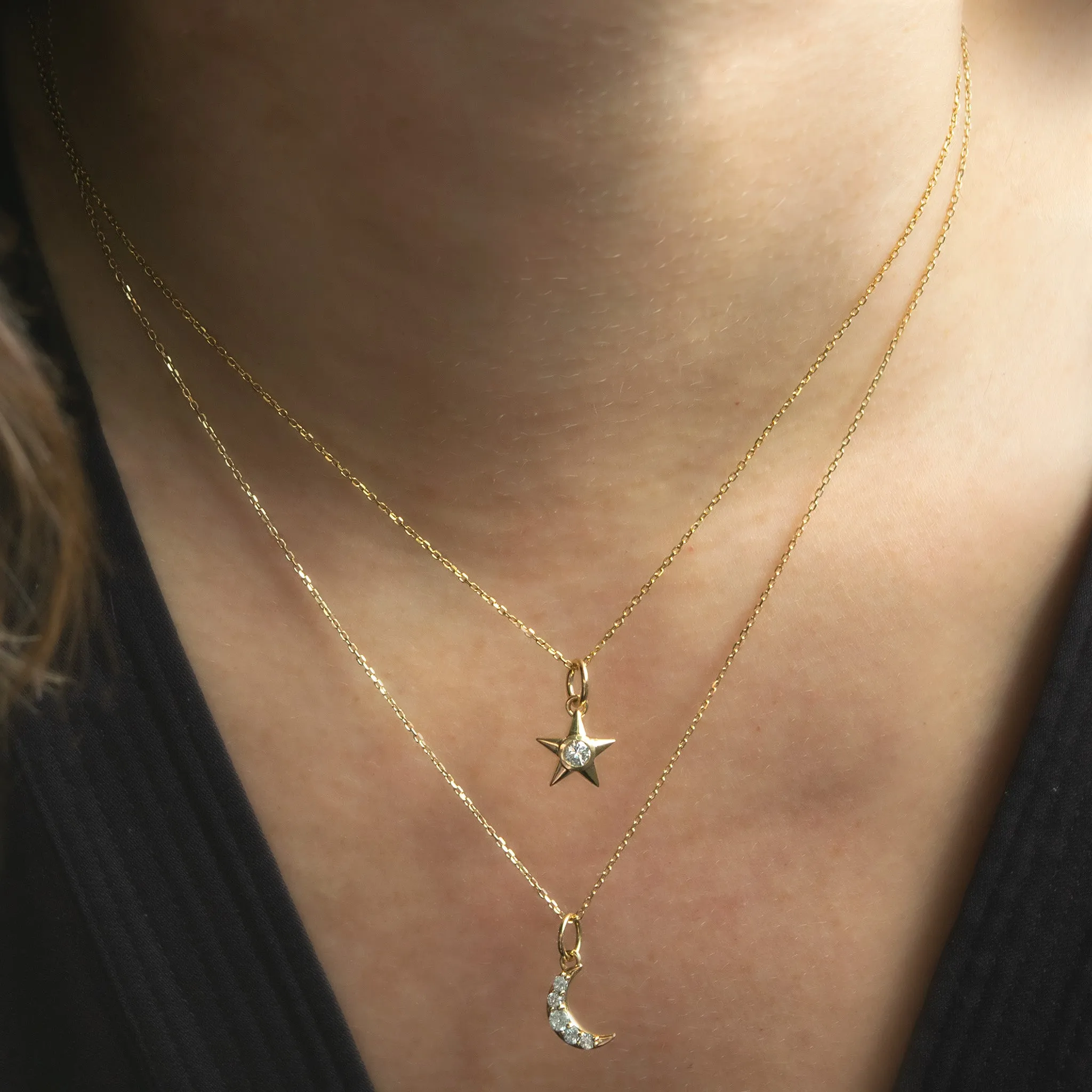 Reclaimed 18k Yellow Gold Moon Necklace with 5 Round Diamonds