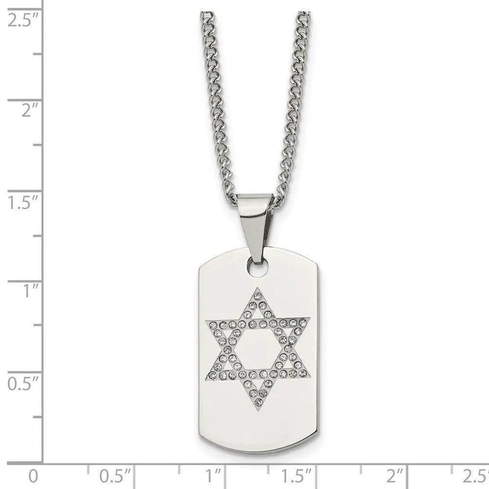 Stainless Steel Star of David CZ Dog Tag Polished Necklace