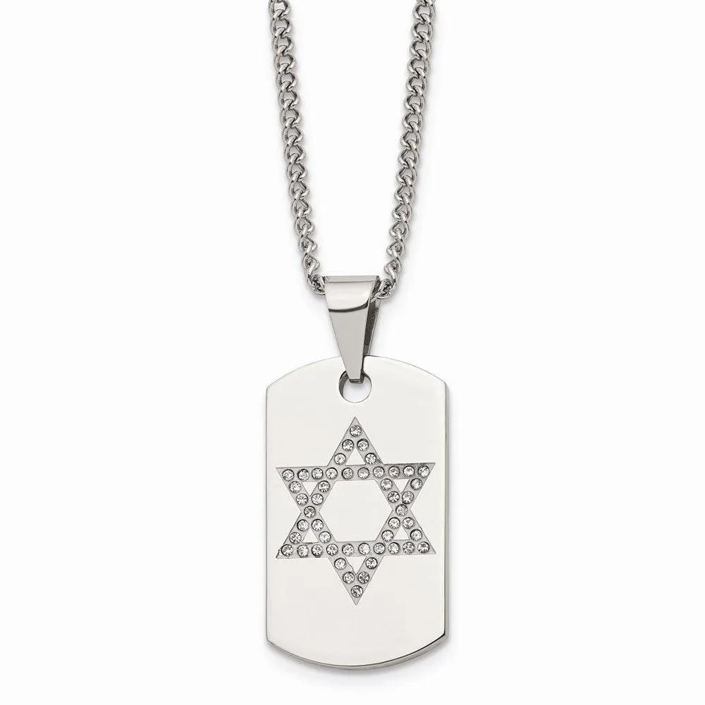 Stainless Steel Star of David CZ Dog Tag Polished Necklace