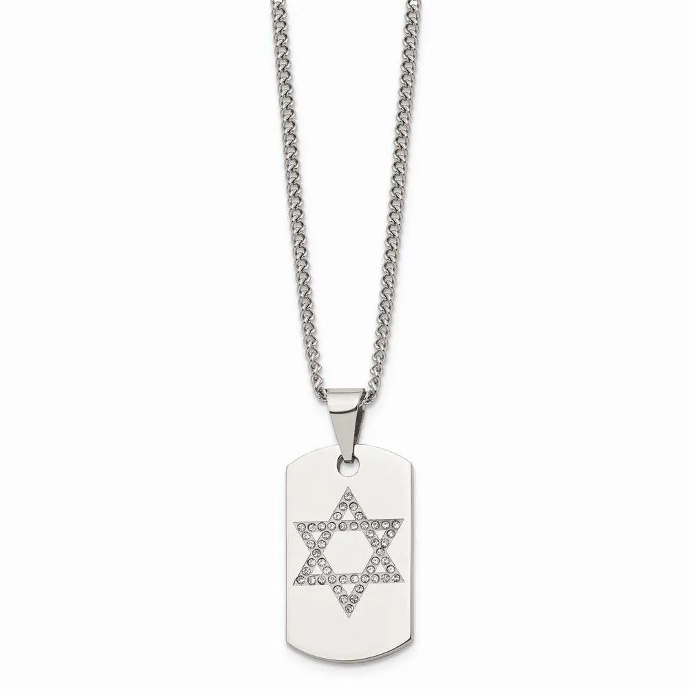 Stainless Steel Star of David CZ Dog Tag Polished Necklace