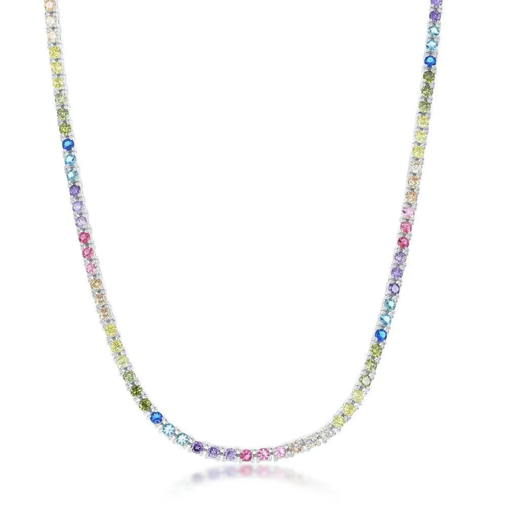 Sterling Silver 3mm Rainbow Cubic Zirconia Necklace