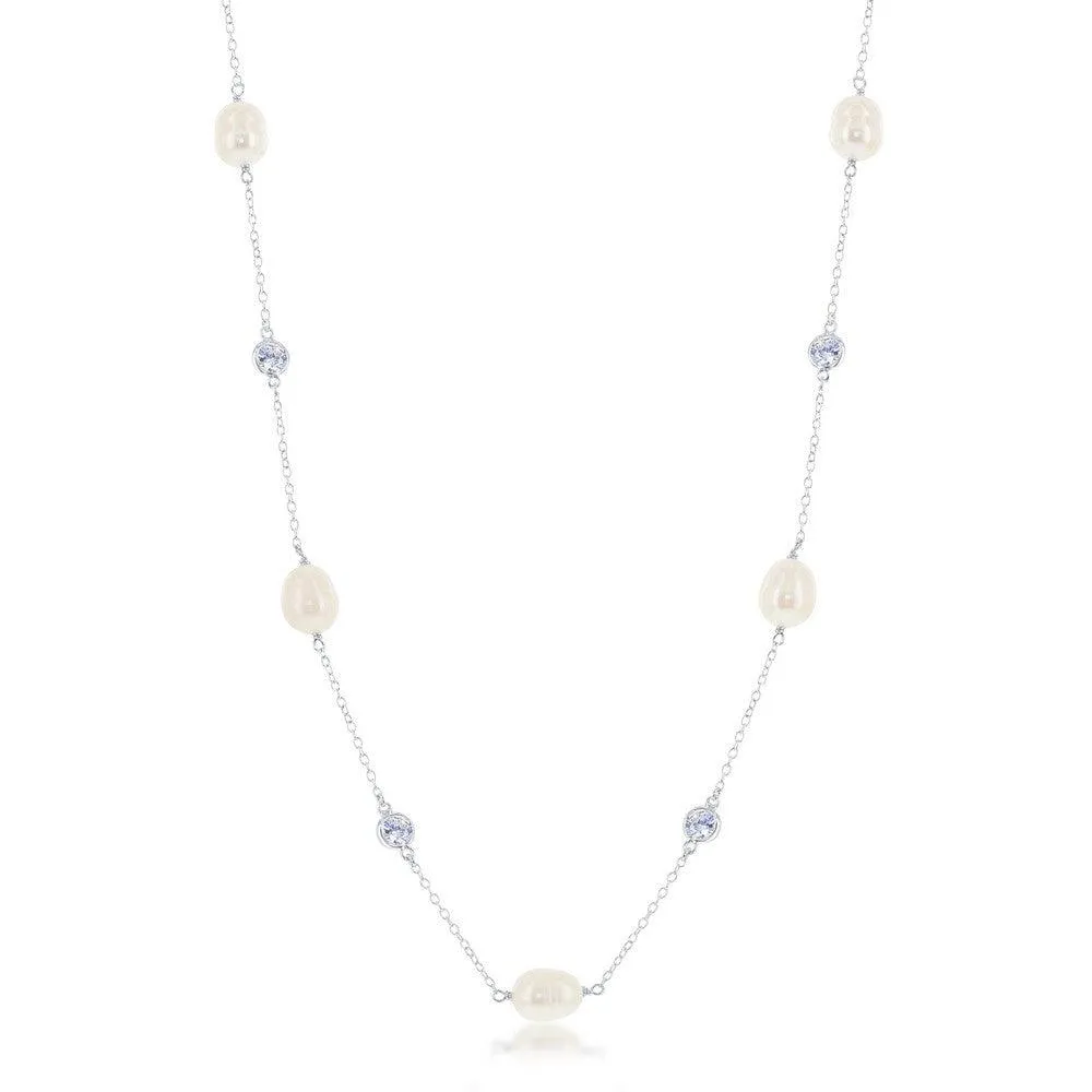Sterling Silver Bezel Set CZ and Pearl Necklace