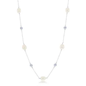 Sterling Silver Bezel Set CZ and Pearl Necklace