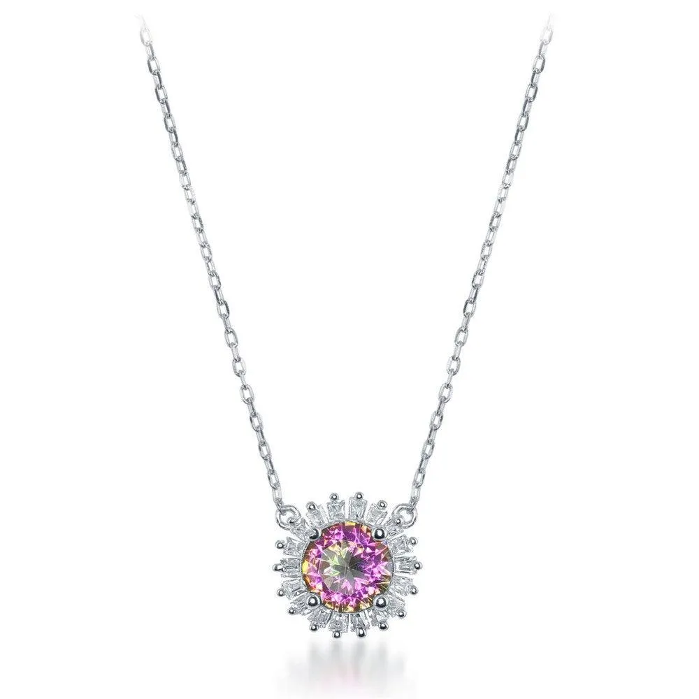 Sterling Silver CZ Small Round Rainbow with Border Necklace