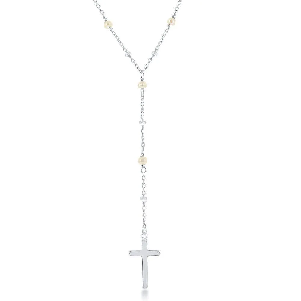 Sterling Silver FWP & Plain Beads By The Yard Cross Necklace