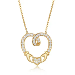 Sterling Silver Gold Plated CZ Claddagh Heart Necklace