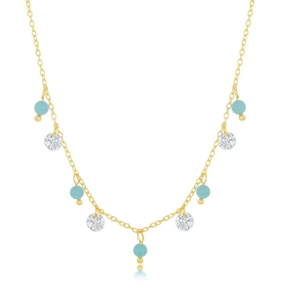 Sterling Silver GP Alternating Created Turquoise and CZ Necklace