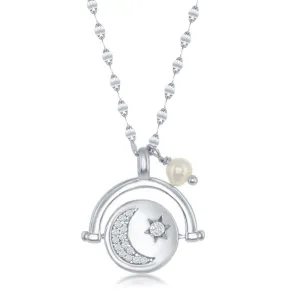 Sterling Silver Moon and Stars CZ Spinning Disc with FWP Necklace