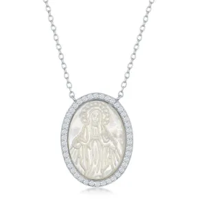 Sterling Silver MOP Virgin Mary with CZ Border Necklace