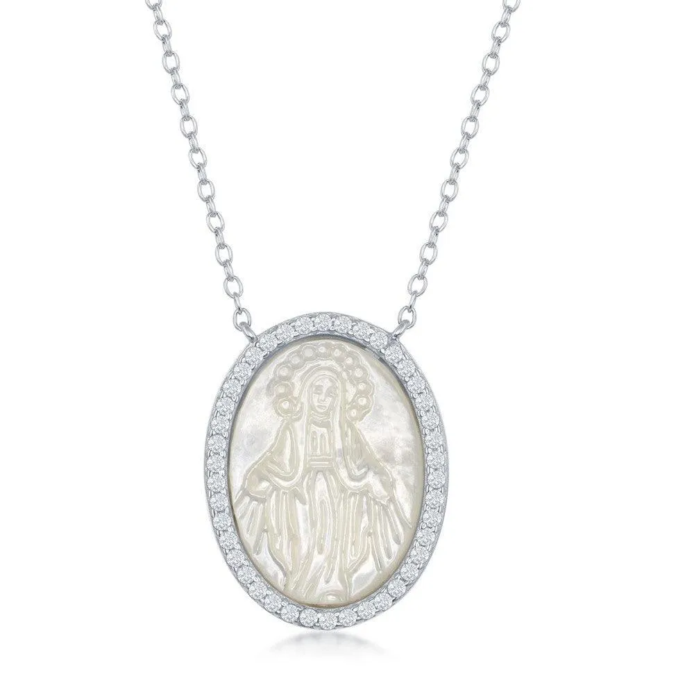 Sterling Silver MOP Virgin Mary with CZ Border Necklace