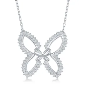 Sterling Silver Open Butterfly with CZ Border Necklace