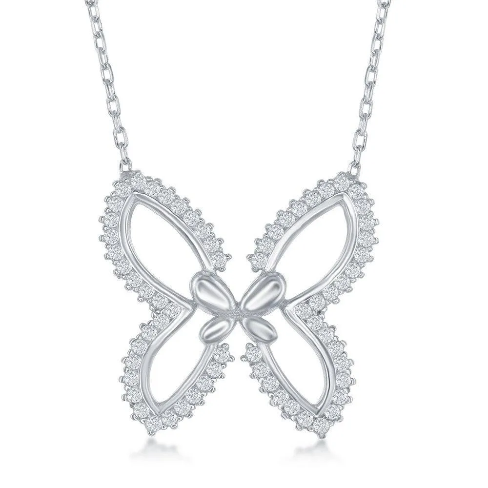 Sterling Silver Open Butterfly with CZ Border Necklace