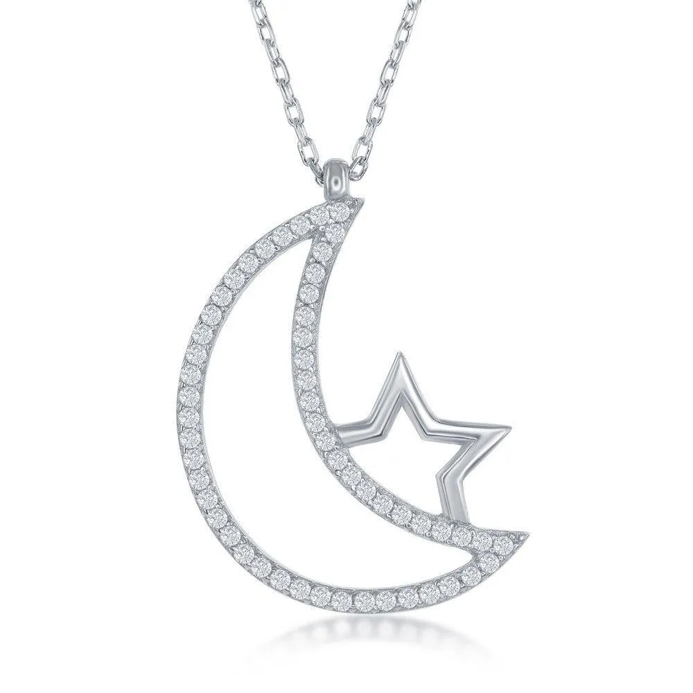 Sterling Silver Open CZ Crescent Moon and Star Necklace