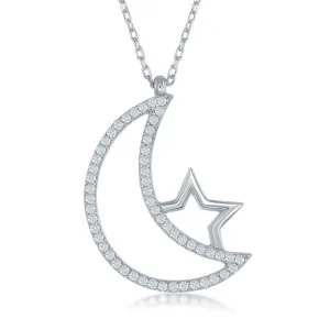 Sterling Silver Open CZ Crescent Moon and Star Necklace