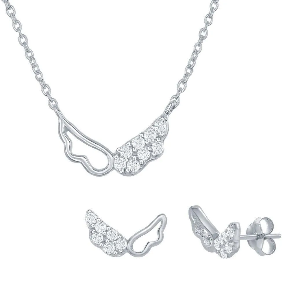 Sterling Silver Outline and CZ Wing Necklace and Earrings Set