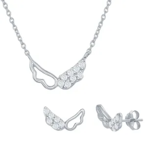 Sterling Silver Outline and CZ Wing Necklace and Earrings Set