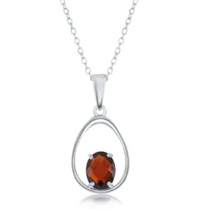 Sterling Silver Oval Garnet Open Pear Shaped Necklace