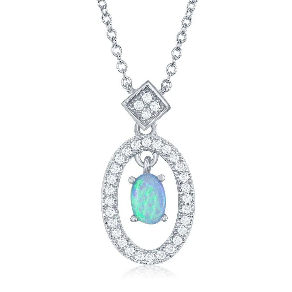 Sterling Silver Oval with Center Opal with CZ Border Necklace