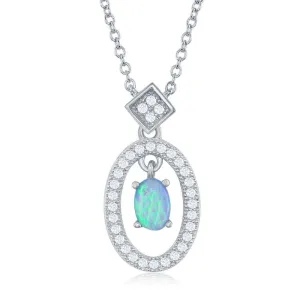 Sterling Silver Oval with Center Opal with CZ Border Necklace