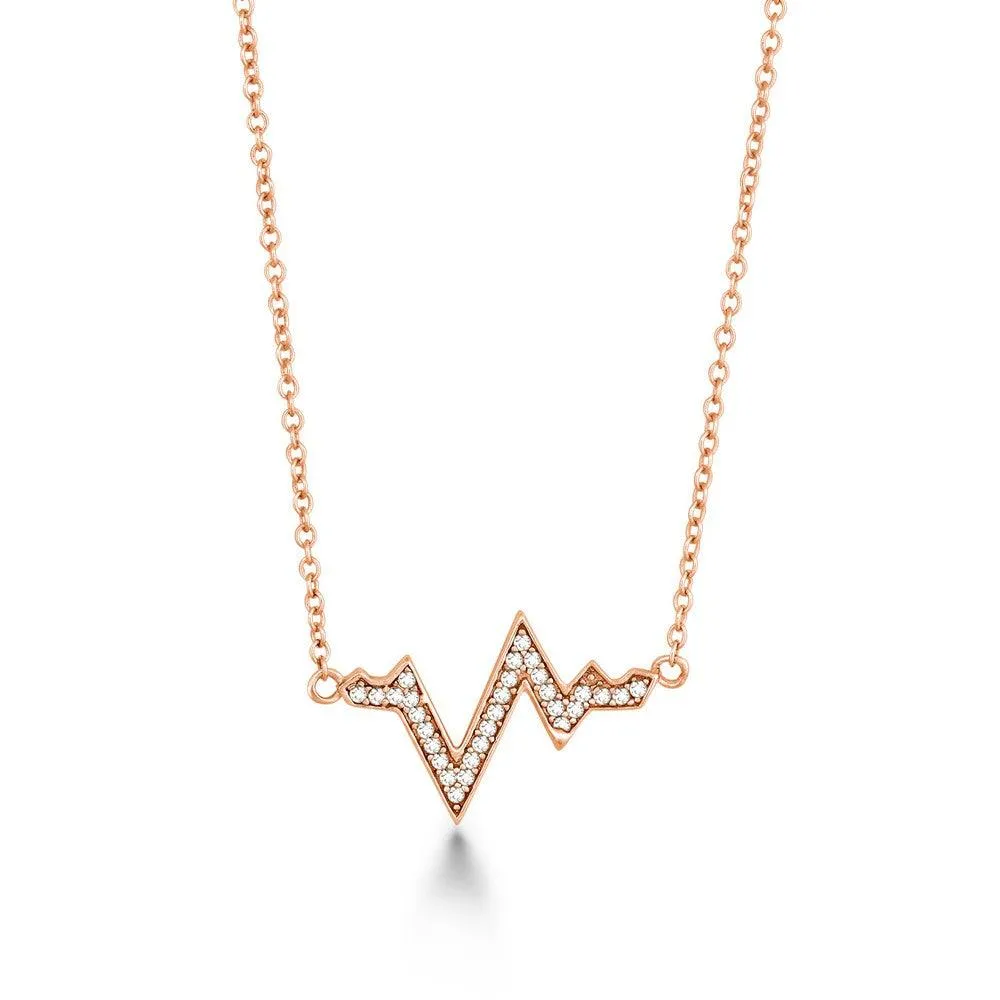 Sterling Silver Rose Gold Plated CZ Heartbeat Necklace