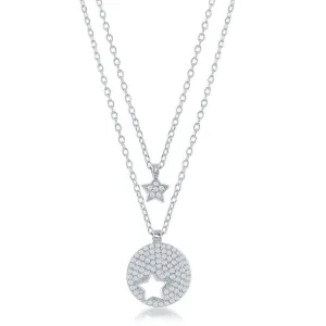 Sterling Silver Round Star Cut-Out & Star Double Strand Necklace