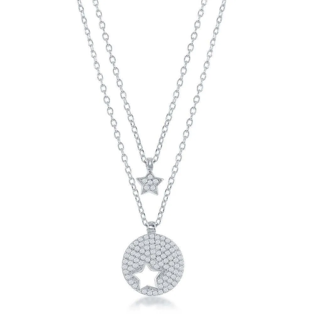 Sterling Silver Round Star Cut-Out & Star Double Strand Necklace