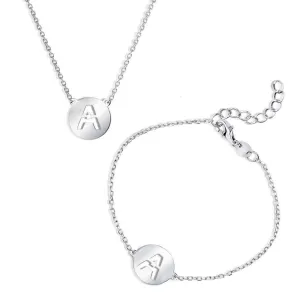 Sterling Silver Shiny 'A' Disc Initial Bracelet and Necklace Set