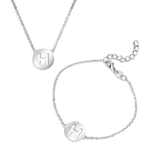 Sterling Silver Shiny 'H' Disc Initial Bracelet and Necklace Set
