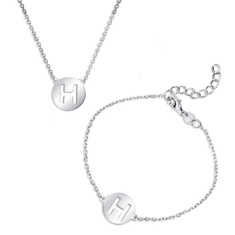 Sterling Silver Shiny 'H' Disc Initial Bracelet and Necklace Set