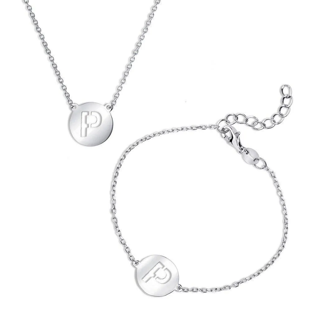 Sterling Silver Shiny 'P' Disc Initial Bracelet and Necklace Set