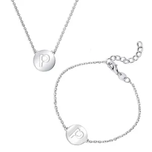 Sterling Silver Shiny 'P' Disc Initial Bracelet and Necklace Set