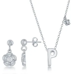 Sterling Silver Shiny "P" Necklace and Earrings Set