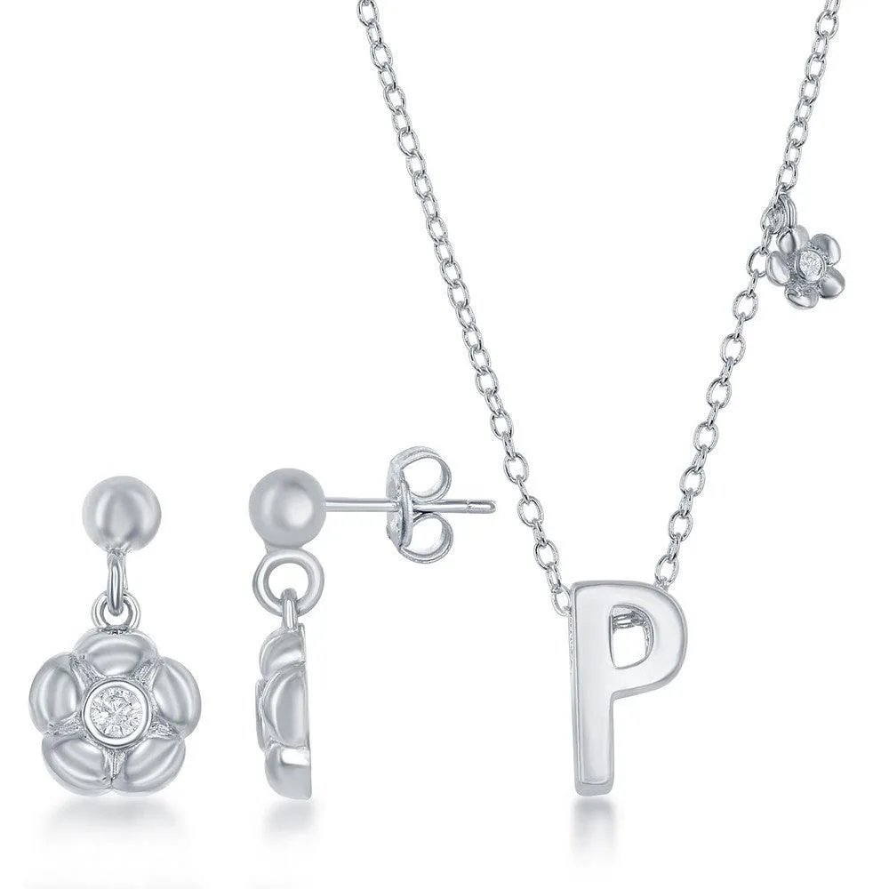 Sterling Silver Shiny "P" Necklace and Earrings Set