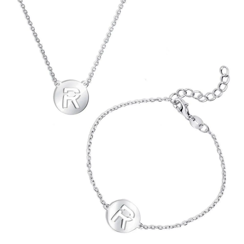 Sterling Silver Shiny 'R' Disc Initial Bracelet and Necklace Set